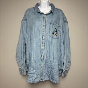 Offline Aerie Oversized Lagenlook Embroidered Denim Button Up Shirt Womens Sz M